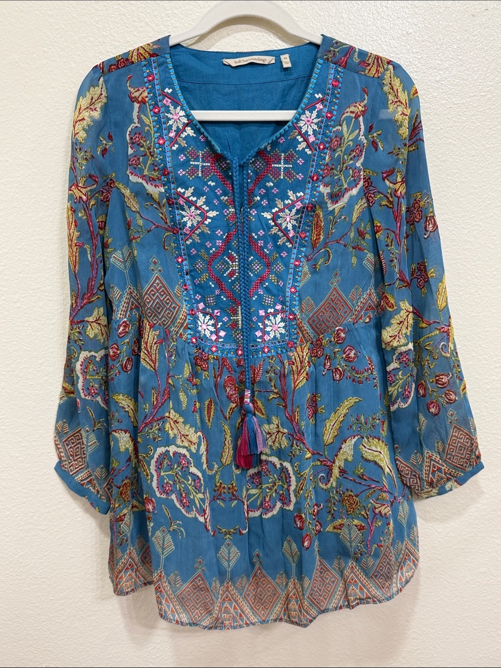 Soft Surroundings Mirapani Mini Dress Embroidered Tassel Chiffon Boho Size Small
